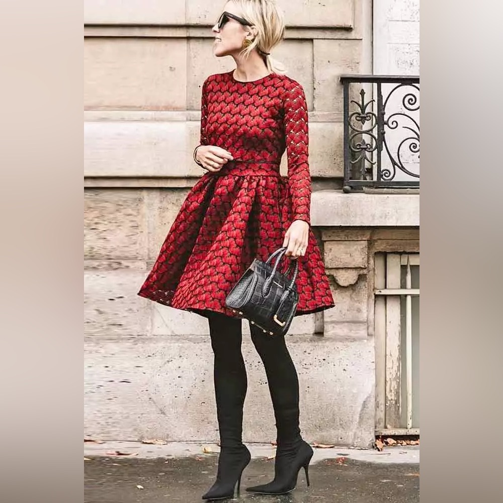 Maje Red Textured Long-Sleeve Fit-and-Flare Dress